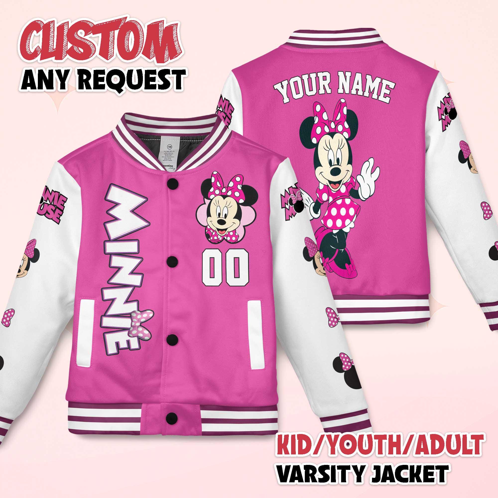 Discover Personalized Minnie Mouse Varsity Jacket, Custom Mickey and Friends Baseball Jacket, Kids Youth Adult Varsity Jacket