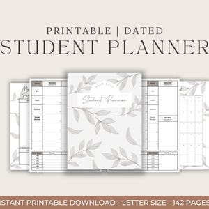 Può includere: Un'agenda per studenti stampabile con una combinazione di colori neutri. La copertina presenta il testo "Student Planner" ed è adornata da illustrazioni di foglie. L'agenda include pagine datate per l'anno accademico, con sezioni per orari delle lezioni e calendari.