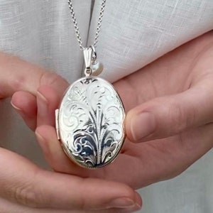 Extra Large Solid Silver Locket, Personalised Engraved, Classic Engraved Scroll Work, Birthstone