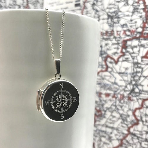 Personalised Round Compass Locket Necklace Sterling Silver Etsy UK