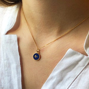 Moon and Star, Enamel Pendant Necklace, Gold Vermeil, Indigo Blue EN111