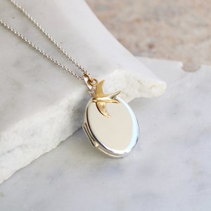 Personalised Oval Locket with Swallow Necklace Sterling Silver