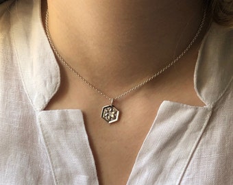 Pequeño olvídame no hexagonal collar de amuleto plata