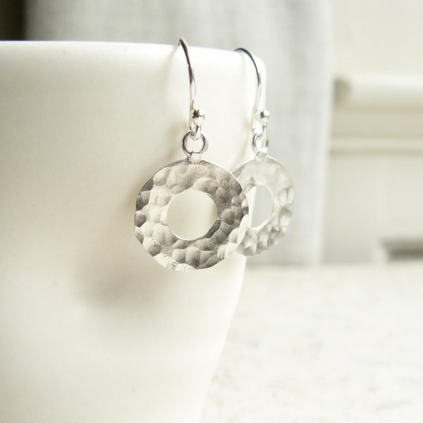 Hammered Circle Hook Earrings Sterling Silver