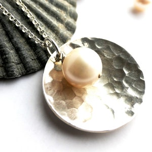 Freshwater Baroque Pearl Necklace and Hammered Dome, Sterling Silver Necklace