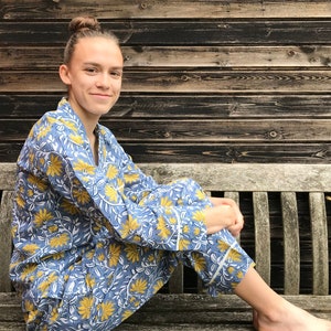 Ensemble pyjama en coton à fleurs bleues et jaunes, pyjamas de demoiselles d&#39;honneur, pyjamas pour femmes, vêtements de nuit, PJ102
