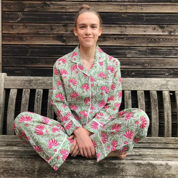 Pink and Green Floral Cotton Pyjama Set, Long Sleeve Pajamas Block Print, Bridesmaid Pyjamas, Pj's, Mother's Day, Cotton, Handmade