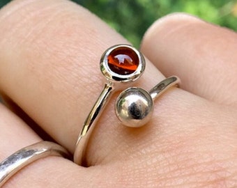 Adjustable Birthstone Ring, Sterling Silver, January Birthday, Red Garnet, Hand Made