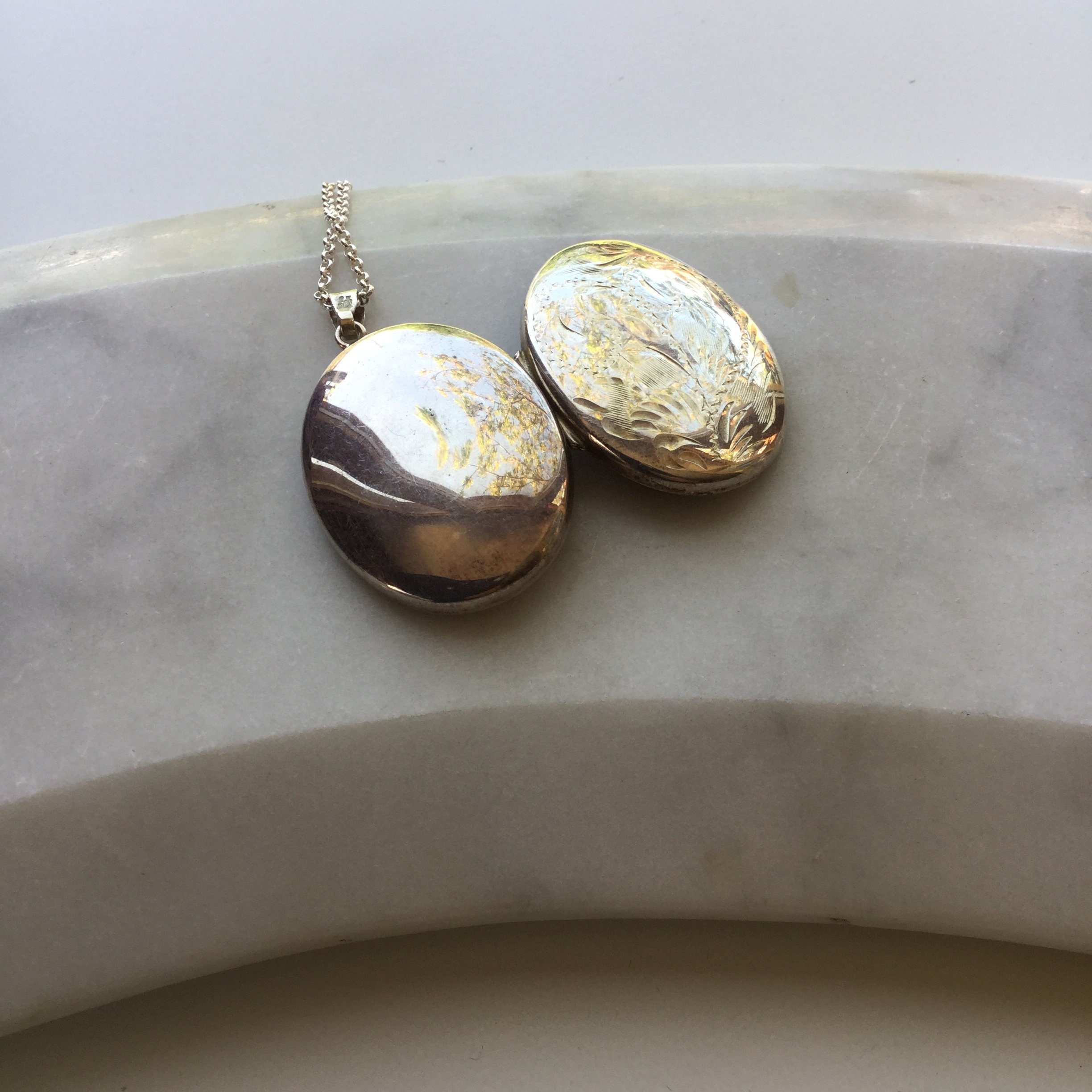 Vintage Engraved Silver Locket Necklace, Vintage Oval Locket