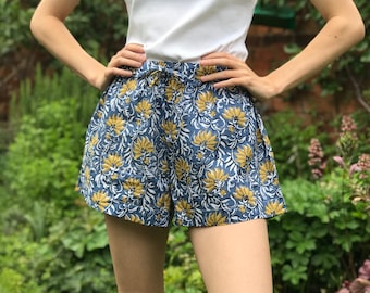 Jaipur Blå Sovshorts, Pyjamasshorts i Bomull, Pyjamassovkläder Bröllopsfest Semester Resortkläder Helgdag Vår Sommar Höst S M L SH103