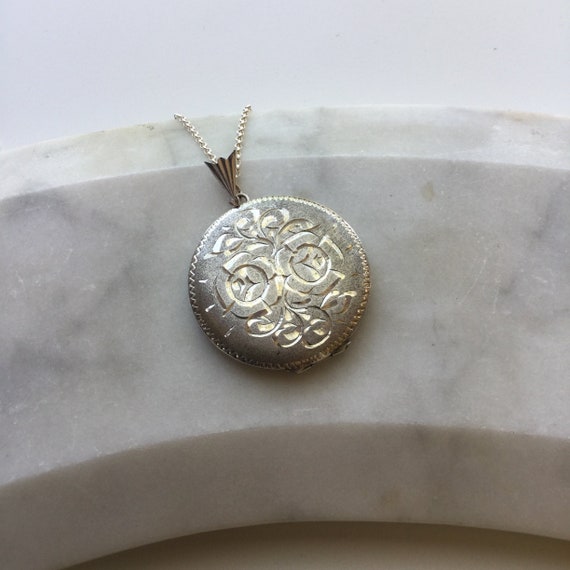 Vintage Round Silver Locket Necklace, Floral Locke