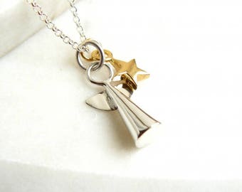 Angel and Star Necklace Sterling Silver and Gold Vermeil, Gift for women, Guardian angel, Remembrance gift, Gifts for her,