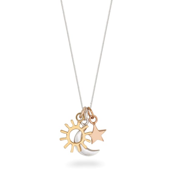 18ct GOLD/STERLING SILVER/PEARL. I LOVE YOU TO SUN MOON STARS CELESTIAL  NECKLACE | eBay