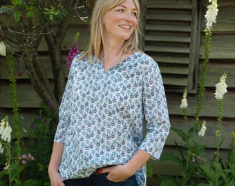 Cotton Tunic, Tunica, Resort Wear, Summer Top, Loose Clothing, Boho, Casual Ladies Top, Block Printed Tunic Aqua and Blue Leaf  TUN106