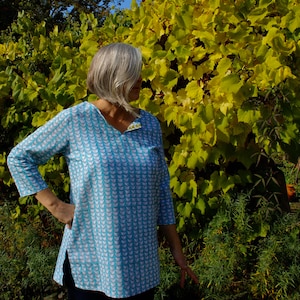 Cotton Tunic, Tunica, Resort Wear, Summer Top, Loose Clothing, Boho, Casual Ladies Top Turquoise Bird TUN104