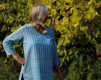 Cotton Tunic, Tunica, Resort Wear, Summer Top, Loose Clothing, Boho, Casual Ladies Top Turquoise Bird TUN104