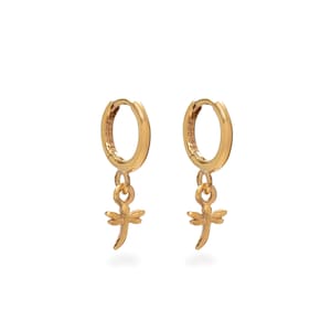 Huggie Hoop Earrings with Mini Dragonfly Gold Vermeil