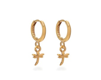 Huggie Hoop Earrings with Mini Dragonfly Gold Vermeil