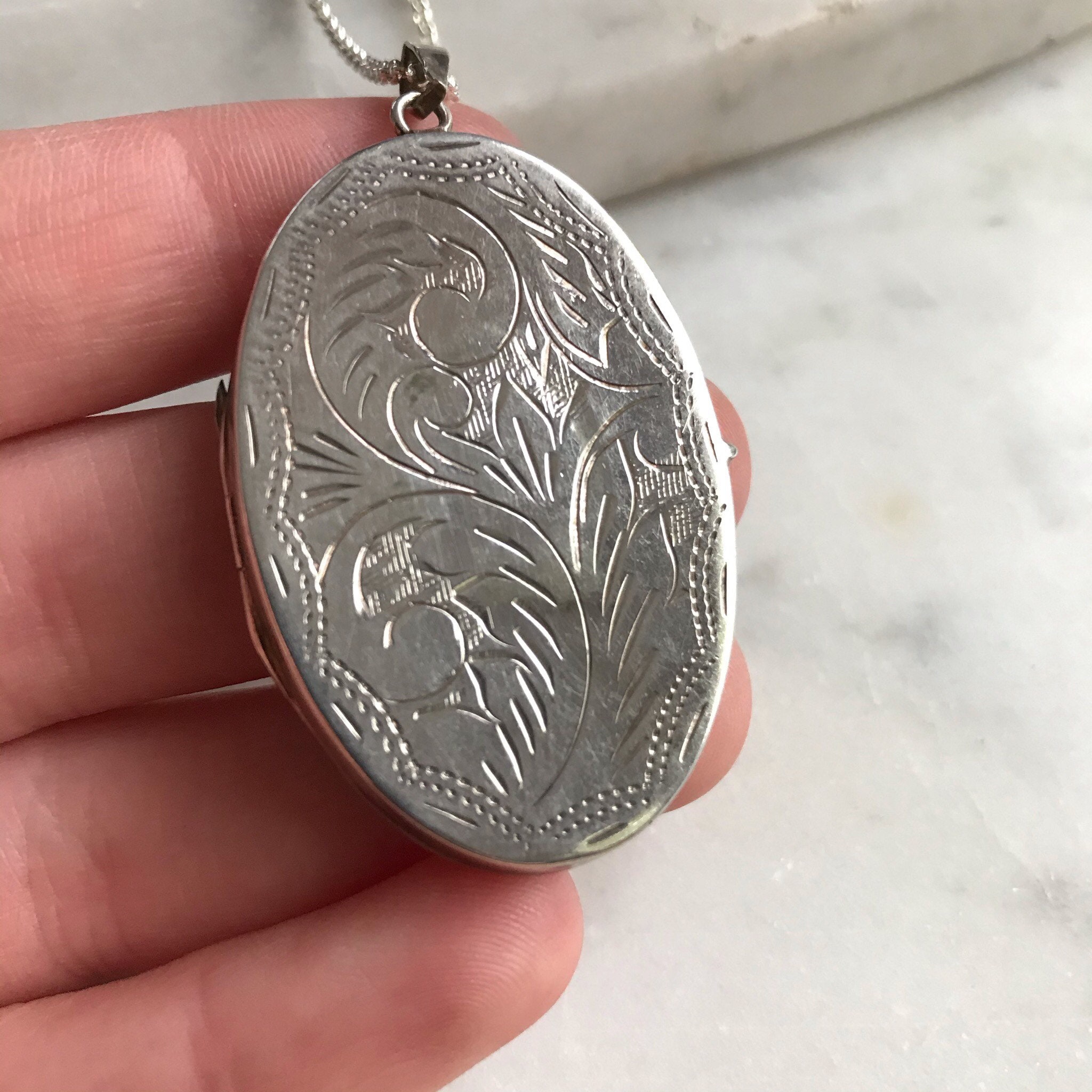 Vintage Engraved Silver Locket Necklace 
