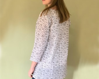 Cotton Tunic, Tunica, Resort Wear, Summer Top, Loose Clothing, Boho, Casual Ladies Top, Block Printed Tunic Grey Bud TUN107
