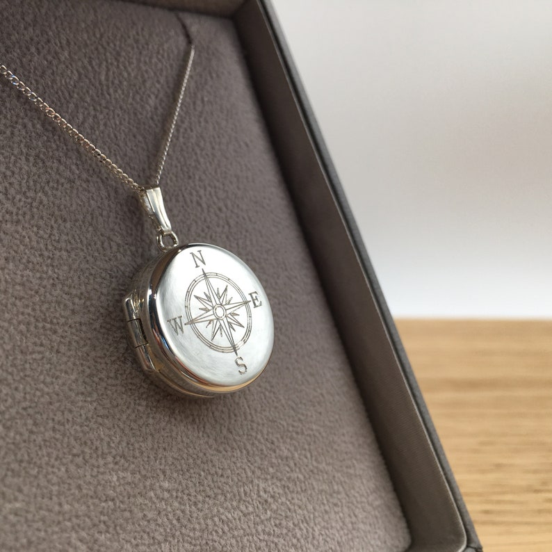 Personalised Round Compass Locket Necklace Sterling Silver Etsy