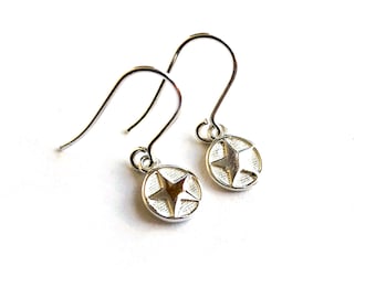 Mini Star Medallion Hook Earrings Sterling Silver or Gold Vermeil