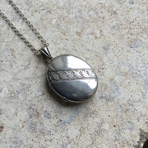 Vintage Oval Locket, Engraved Silver Locket, Edwardian Locket Necklace