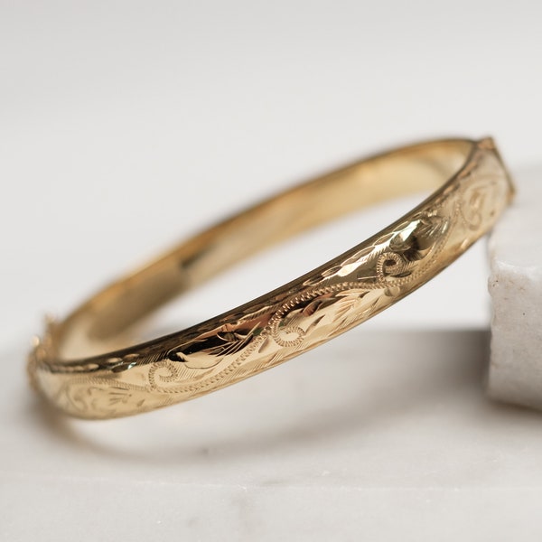Bracelet jonc de style vintage gravé à la main, roulé en or