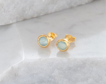 Birthstone Stud Earrings March: Aqua & Gold Vermeil