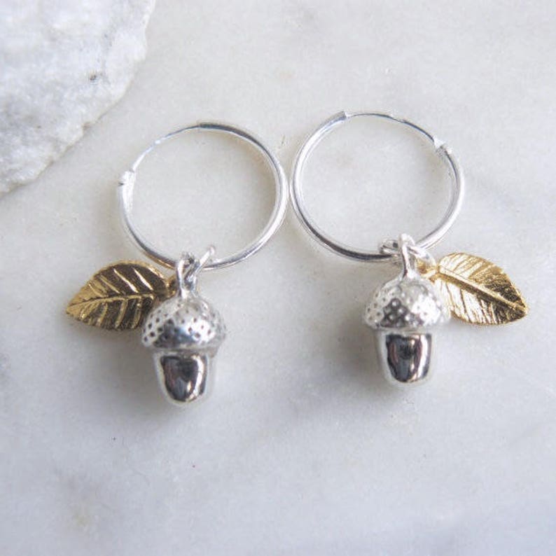 Sterling Silver Acorn and Gold Leaf Hoop Earrings