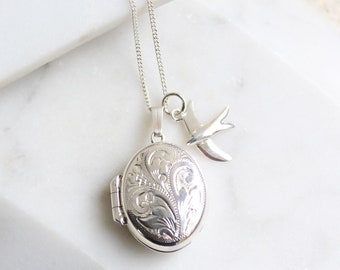Personalisierte Oval Medaillon mit Schwalbe Halskette Sterling Silber NM013 / E