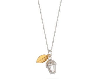 Eichel und Eichenblatt Halskette in Sterling Silber und Vermeil Gold, Wald Geschenk für sie, Natur Geschenk, Herbst Halskette, Herbst Gifting DC04