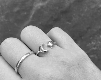 Adjustable Moon and Star Charm Ring Sterling Silver