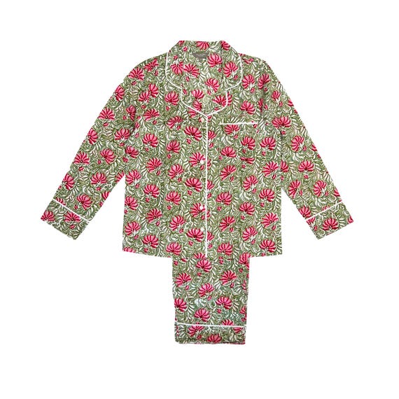 Amaxer Women's 100% Cotton Pajama Set – Long Sleeve Button-Down Top & Drawstring Pants, Pale Pink Floral