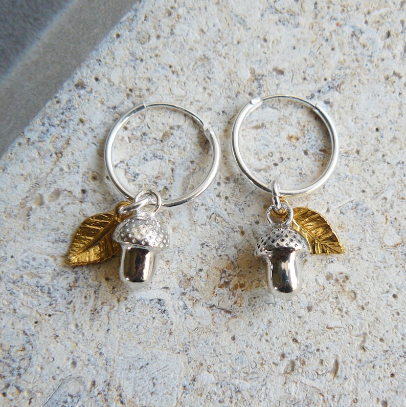 Sterling Silver Acorn and Gold Leaf Hoop Earrings