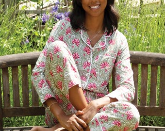 Pink and Green Floral Cotton Pyjama Set, Long Sleeve Pajamas, Bridesmaid Pyjamas, PJs , PJ101