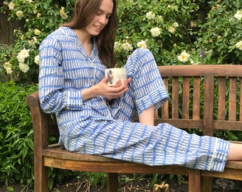 Blue Fish Cotton Pajama Set, Block Print, Bridesmaid Pyjamas, Pj's, Long Sleeve, Pyjama shirt, Pajama Pants, Mother's Day, Cotton, Handmade