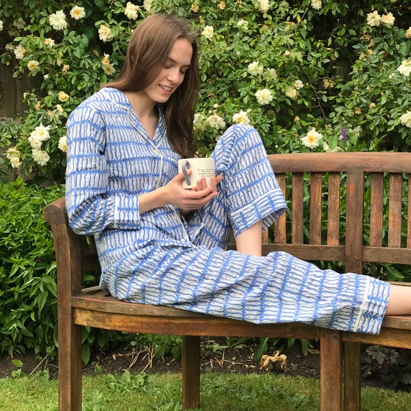 Blue Fish Cotton Pajama Set, Block Print, Bridesmaid Pyjamas, Pj's, Long Sleeve, Pyjama shirt, Pajama Pants, Mother's Day, Cotton, Handmade