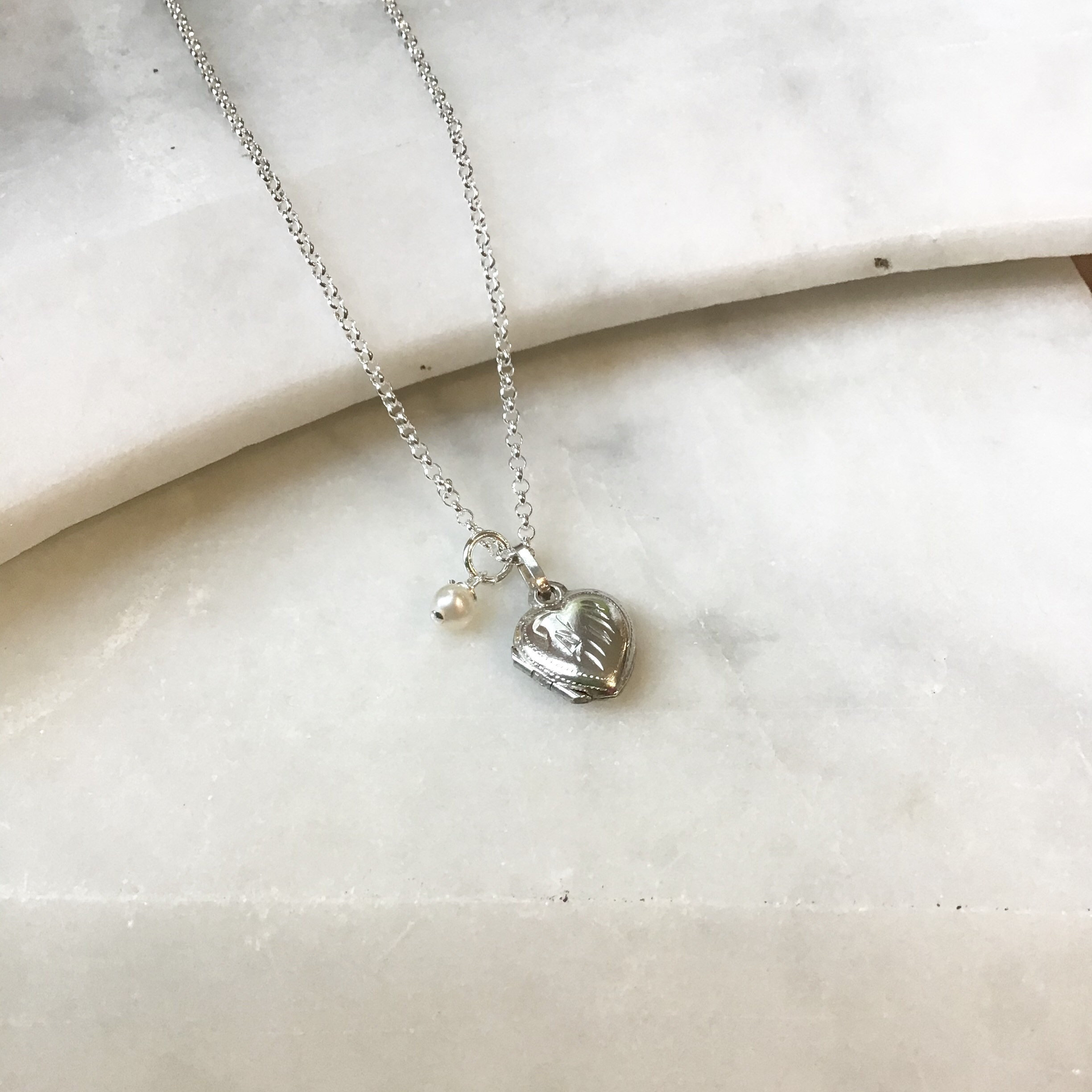 Tiny Vintage Heart Necklace, Heart and Pearl Necklace, Tiny