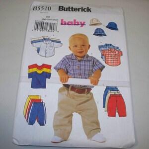 May include: A sewing pattern for baby clothes, featuring a plaid shirt, a solid t-shirt, and pants. The pattern is from Butterick and is for sizes NB (newborn) to 3 months. The pattern number is B5510.