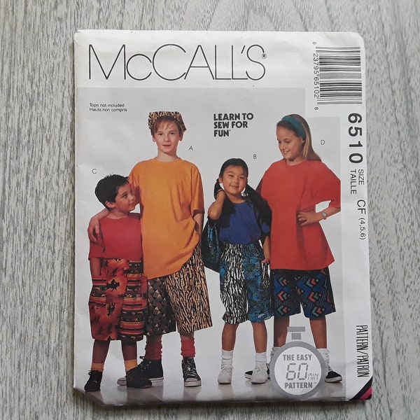 Vintage Pattern, McCall's Pattern, Kids' Clothes Pattern, Shorts Pattern, Summer Clothes, 6510, CF (4,5,6)