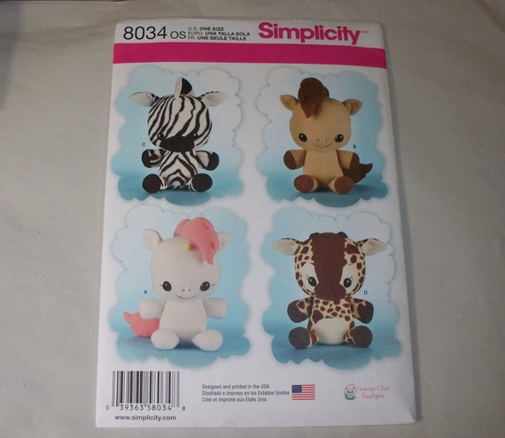 New Pattern, Simplicity Pattern, Stuffed Animal Pattern, Toy Pattern,  Craft Pattern, 8034