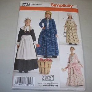 May include: Simplicity sewing pattern number 3725 for sizes 3, 4, 5, and 6. The pattern includes four different historical costume designs for girls: a pilgrim dress with an apron, a blue polka dot dress, a floral print dress, and a pink dress with a lace trim.