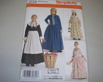 New Pattern, Simplicity  Pattern, Girls Pioneer Costume, Pilgrim Costume Pattern, 3725  (3,4,5,6)