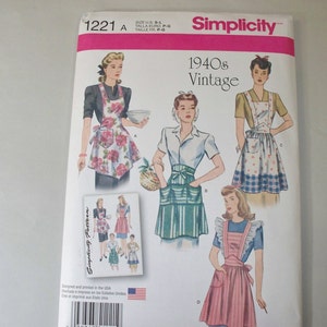 May include: Simplicity sewing pattern 1221 for 1940s vintage aprons. The pattern includes four different styles of aprons: a floral print apron with a tie waist, a striped apron with a sash, a gingham apron with a pocket, and a ruffled apron with a bib.