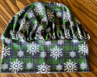 Soft & Stretchy Snowflakes on Green Plaid Scrub Cap