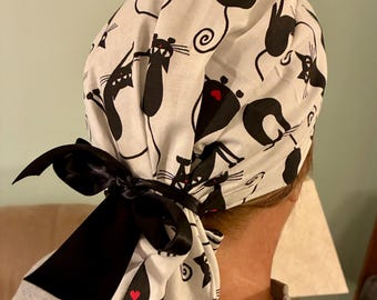 Traditional Cotton Pony Tail Style Scrub Cap- Cute Black Cats!