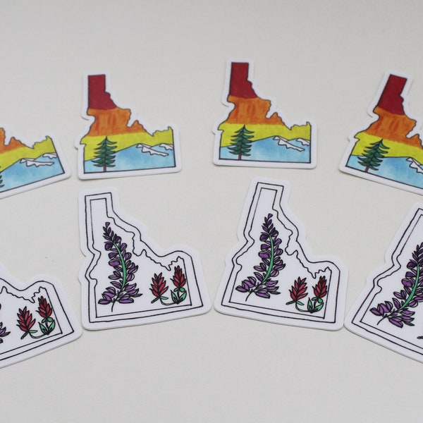 Idaho State Sticker (Two Hand-drawn Designs) — Buy Individually or As a Set — Unique Outdoor Hiker Mountain Wildlife Wedding Gifts