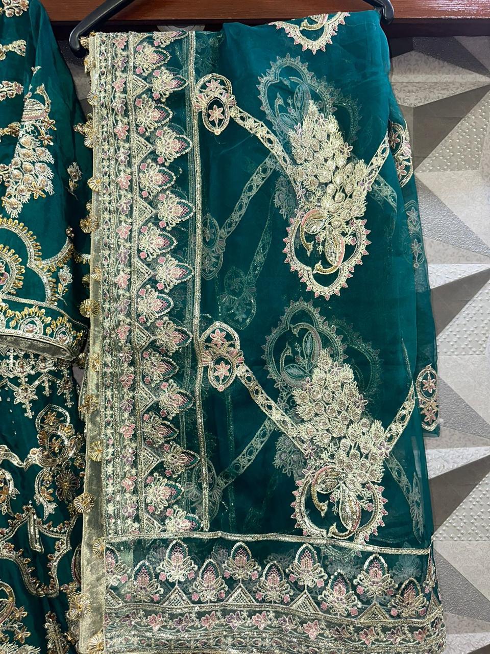Green Shimmer Silk Plazo Suit For Indian & Pakistani Wedding Festival - Thread & Sequence Embroidery main image 1