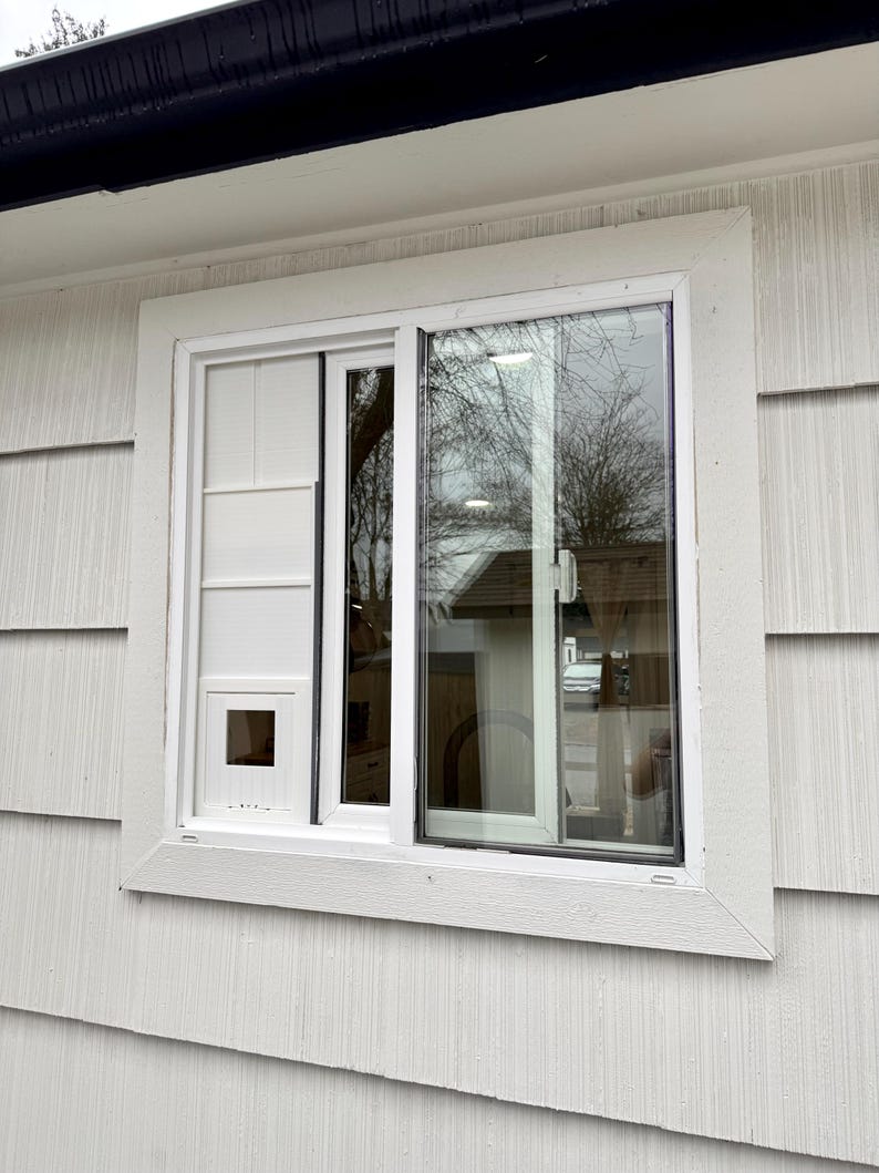 Op de afbeelding: Een witte schuifraam met een ingebouwde kattenluik. Het raam is geplaatst in een wit frame en is ge&iuml;nstalleerd in een wit gevelbekleed gebouw. Het glas weerspiegelt de buitenomgeving, inclusief bomen en een huis.